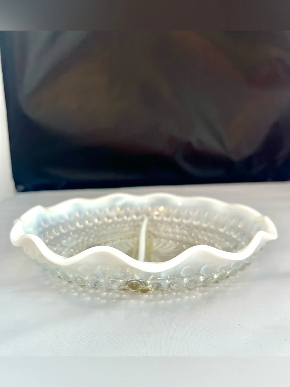 Vintage Anchor Hocking Moonstone Opalescent Hobnail Divided Dish Ruffled Edge